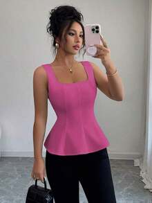 Blusa elegante de cuello cuadrado sin mangas para mujer, adecuada para la oficina, el transporte, el té de la tarde, las fiestas, las vacaciones y ocasiones casuales - Rosa Fucsia - Ver 1