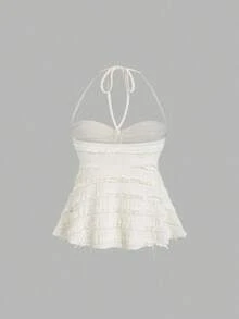 Tops halter con cordón en el busto de color sólido, estilo Y2K para mujeres - Albaricoque - Ver 2
