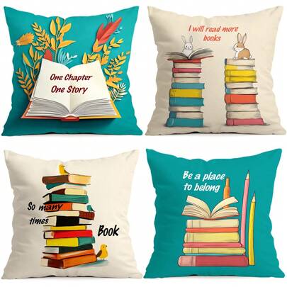 4 ชิ้น ปลอกหมอนลายหนังสือ Back To School, ปลอกหมอนพิมพ์ลายด้านเดียว, เหมาะสำหรับห้องนั่งเล่น, ห้องนอน, ของตกแต่งบ้าน, ทุกฤดู