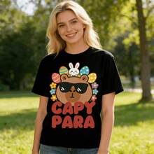 Tops para mujerAdorable de Algodón Blanca con Estampado de Huevos de Pascua de Capibara para Mujer, Casual, de Longitud Regular, Manga Corta, Cuello Redondo, Top de Verano, Ropa de Verano para Mujer, Ropa de Vacaciones para Mujer, Tops de Mujer, Tops de Verano, Conjuntos de Verano, Ropa de Verano, Regalos de Pascua - Negro - Ver 5