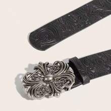 1pc Western Style Fashion Versatile New Unisex Embossed Floral Personalized Belt Artistic Retro Leather Belt - Black - View 5