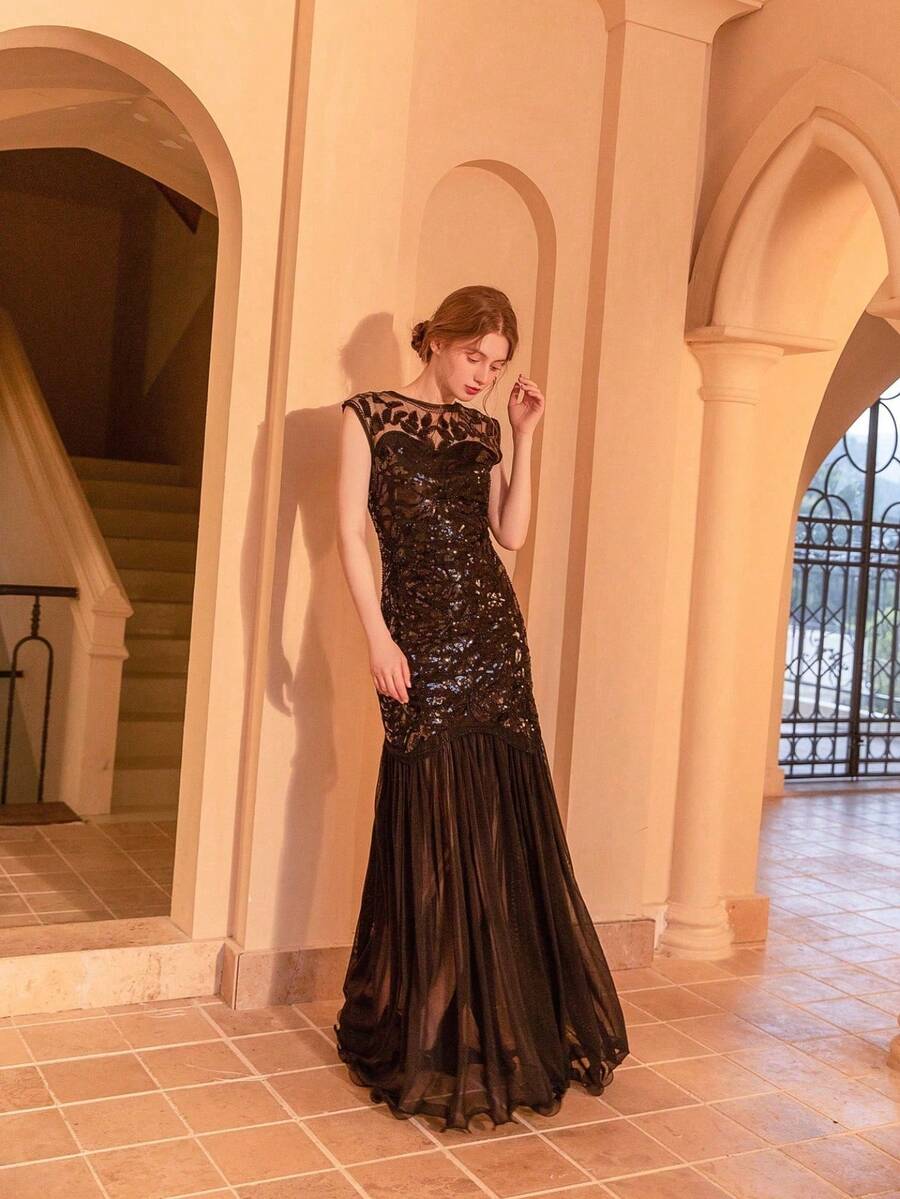 Women's Long Party Dress With V-Neck, Sequin And Lace Embroidery On The Top, Flowing Chiffon Skirt, Various Colors (Green, Black, Red, Champagne), Ideal For Banquets And Formal Events. - 黑色 - 查看 1