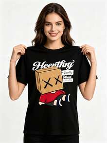 Tops para mujer de estilo streetwear de gran tamaño para adolescentes, con diseño de cabeza cuadrada de dibujos animados y mangas cortas de gran tamaño.Perfecto para fiestas de fin de semana, salidas con amigos, estilo urbano y uso casual diario. - Negro - Ver 10