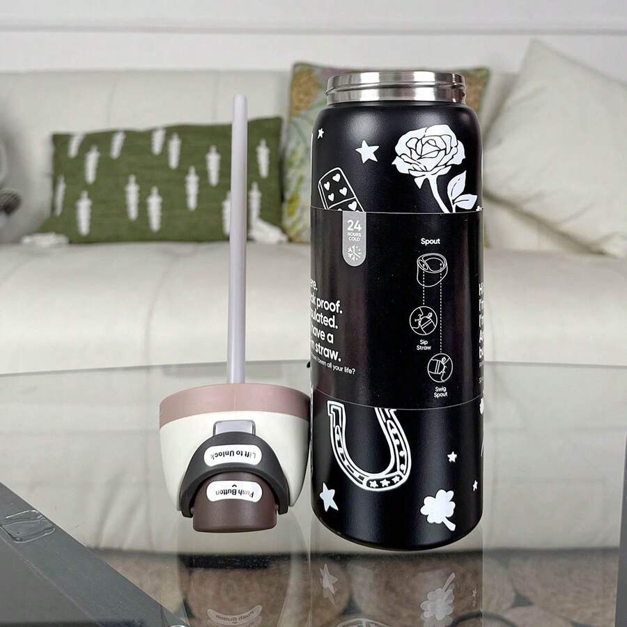 24oz/32Oz Insulated Stainless Steel Water Bottle With Straw For Sports And Travel, Hint Of Grape & Insulated Stainless Steel Water Bottle With Straw For Sports And Travel - Good luck-32oz - 查看 1