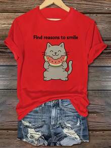 1 Piece Of Casual Short-Sleeved T-Shirt With A Round Neck, Printed With A Cute Kitten And Watermelon Design, Made Of Polyester Fiber, Machine Washable, Suitable For Daily Wear, 100% Cotton. Women's Warm Clothing - 紅色 - 查看 7