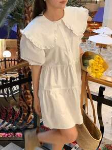 Vestido corto de verano informal y dulce con cuello Peter Pan, borde con volantes y unicolor - Blanco - Ver 10