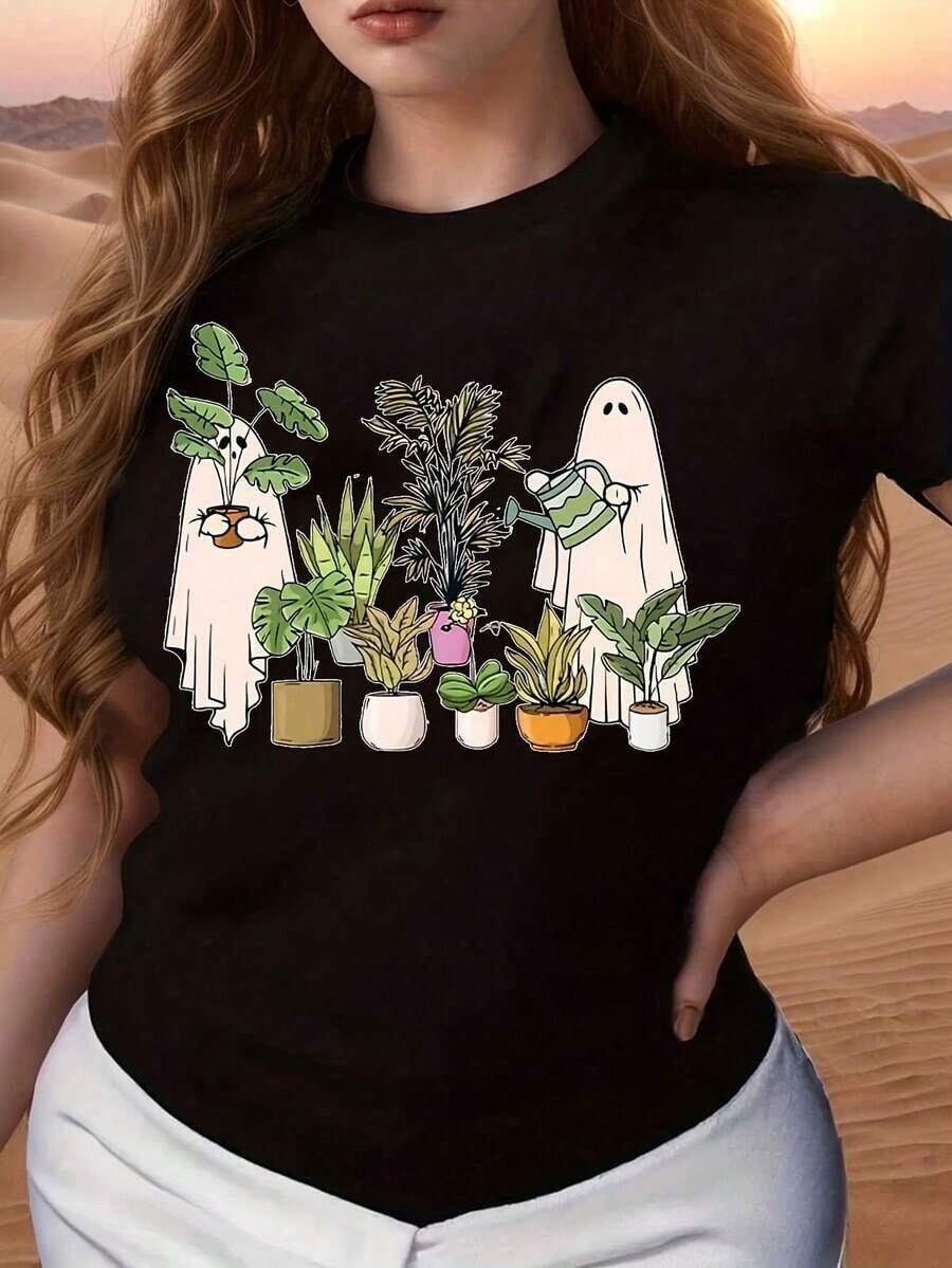 Halloween - Green Ghost Print - Casual Short Sleeve T-Shirt For Spring And Summer - Fashionable Women's Clothing - Loose, Casual, And Versatile Y2k T-Shirt Shirt - 黑色 - 查看 1