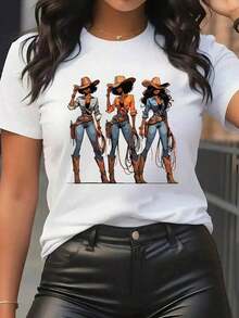 Camisetas de manga corta para mujer, cuello redondo, 100% algodón, estilo casual, estampado gráfico Western Cowgirl Trio, camiseta blanca de manga corta, estética retro country, transpirable y suave, comodidad para todo el día, uso diario. - Blanco - Ver 1