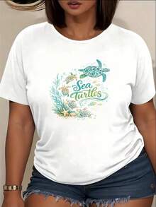 Camiseta de manga corta con estampado clásico de "tortugas" bajo el agua, diseño de colonia de tortugas ecológicas, top de primavera/verano para mujer, ropa de verano para mujer, camiseta de cuello redondo para primavera/verano, adecuada para la vida universitaria, como prenda básica para combinaciones y para el uso diario. Éxito de . - Blanco - Ver 1