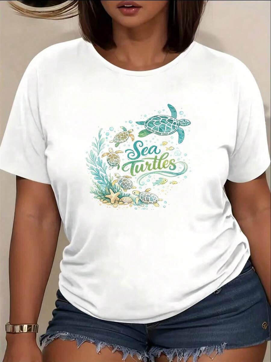 Camiseta de manga corta con estampado clásico de "tortugas" bajo el agua, diseño de colonia de tortugas ecológicas, top de primavera/verano para mujer, ropa de verano para mujer, camiseta de cuello redondo para primavera/verano, adecuada para la vida universitaria, como prenda básica para combinaciones y para el uso diario. Éxito de . - Blanco - Ver 1