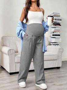 Pantalones rectos con bolsillo en diagonal, cintura ajustable, para maternidad - Gris Claro - Ver 5