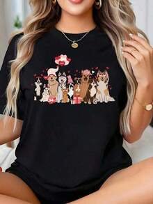 One-Piece Plus-Size Valentine's Day T-Shirt With Dog Paw Prints And Love Messages, Perfect For Dog Lovers. This Adorable Pet Design T-Shirt Features Romantic Phrases And Hearts, Making It Ideal For Valentine's Day And Pet Owners. Made From 180g Soft Cotton. - 黑2 - 查看 7