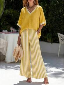 Nuevo 2026 Conjunto Dos Piezas Casual Mujer Cuello en V Top Manga Corta Estampado a Rayas Pantalones Pierna Ancha Corte Holgado - Verde - Ver 8