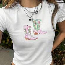 Women's Simple Loose Fit T-Shirt, Modern Style, Cowboy Boots With Summer White Crop Top, Western Print, Cropped T-Shirts With Belly Cutout, Y2K Wos 56 Style. Jpg220G AL1Godn Basic Garment For Him, 220g With Inertial Comfort. Suitable For Everyone, Whether Women Or Men. Strong, High-Quality Material, Suitable For All Kinds Of Sewing, Noticeably Soft And Durable Design. Breathable Blouses For Women, Perfect For Autumn, Vacation Outfits, And Halloween Costumes. Comfortable, Soft, And Simple Short-Sleeved T-Shirt For Everyday Wear. - 白色 - 查看 6