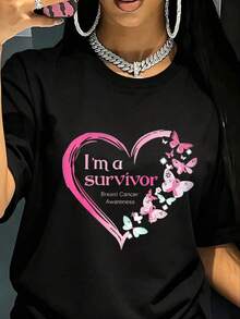 Playera Oversize Mujer "I'm a Survivor" - Negra con Estampado de Concienciación Contra el Cáncer de Mama DIBW - Negro - Ver 6