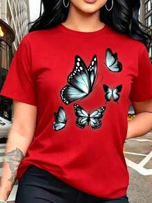 Women's Casual T-Shirt With Butterfly Motif - Sporty Casual Style, Short-Sleeved T-Shirt With Round Neck, Comfortable And Breathable, Fashionable, Easy To Match, Soft To The Touch, Printed Design, Creative Digital Print For Spring And Summer - Unisex Loose-Fitting Cotton T-Shirt With Short Sleeves And Round Neck, Urban Vintage Style. Pretty Blouses, 100% Cotton - 紅色的 - 查看 7