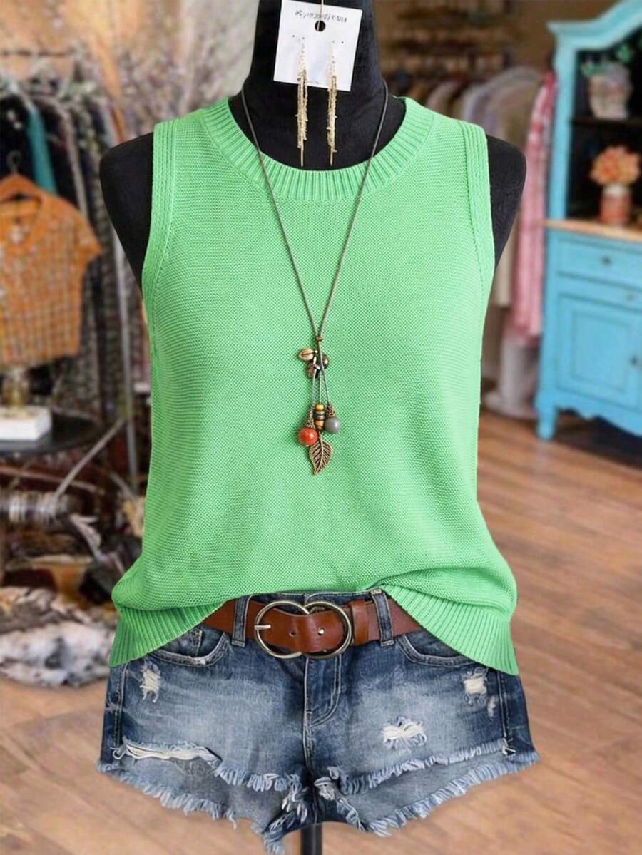 Chaleco de punto para mujer, camiseta sin mangas de unicolor con estilo retro francés casual, prenda versátil para usar a diario en capas, top corto de punto sin mangas, primavera y verano todo el año - Verde - Ver 1