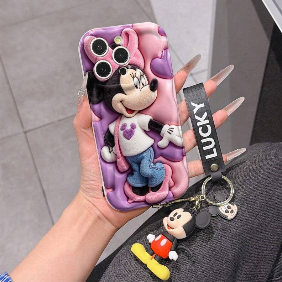 Disney Minnie Mouse Phone Case With Minnie Charm And Minnie Lanyard - Cute Minnie Protective Case With Denim Outfit And Purple Heart Background Design, Equipped With Delicate Minnie Decorative Lanyard And Beaded Bracelet For Easy Carrying, Compatible With IPhone 17, 16, 15, 14, 13, 12, 11 Pro Series, Ideal For Birthdays, Holidays, Anniversaries, Graduation Gifts, Or Any Special Occasion To Surprise Family, Friends, Classmates, And Loved Ones. - 白色 - 查看 1