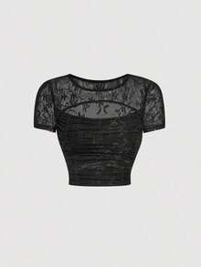 Camiseta De Malla Plisada Ahuecada Para Mujer - Negro 2 - Ver 6