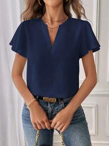 Camisa de mujer de unicolor con escote en V entallado y manga corta, informal y adecuada para el trabajo, blusas de manga corta - Azul marino - Ver 5