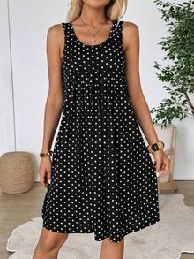 Vestido corto de verano para mujer de unicolor simple, cuello redondo, plisado y sin mangas - Negro - Ver 5