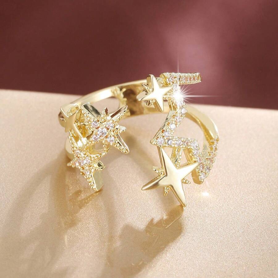 1 chiếc nhẫn hình ngôi sao thanh lịch, có thể điều chỉnh kích thước, đính đá Cubic Zirconia, dành cho nữ. - Nhiều màu - Xem 1