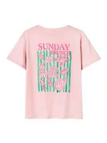 Camiseta de manga corta para mujer, estilo retro americano vintage, con estampado de bloques de color y rayas, suave, cómoda, holgada, informal, ideal para reuniones de fin de semana en verano, cafeterías, paseos por la ciudad y desplazamientos diarios, color rosa. - Rosa - Ver 2