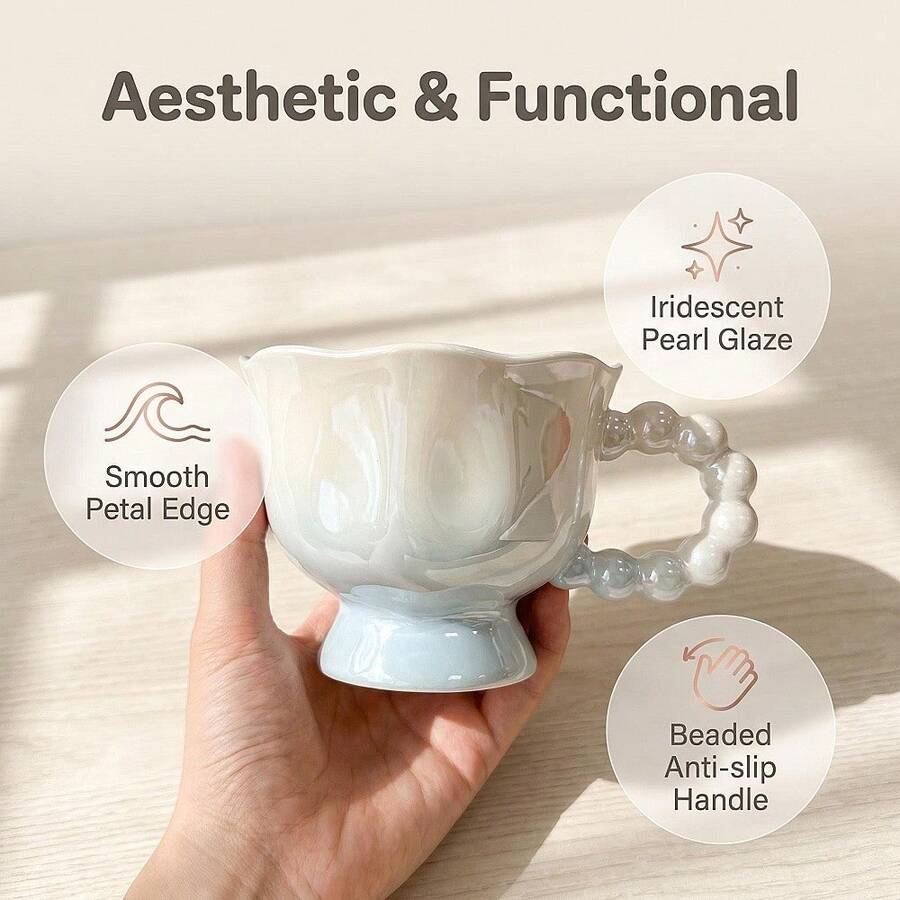 Ceramic Pearl Handle Ombre Coffee Mug, Cute Iridescent Wavy Rim Mug, Household/Afternoon Tea/Kitchen Tableware Gift, Graduation Souvenir, Birthday Gift, Graduation Gift, Eid Al-Adha - Multicolor - View 1