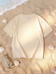 Edición Limitada: Camiseta Casual de Manga Corta con Estampado de Limones para Mujer, Tejido de Punto, Cuello Redondo, Hombros Caídos, Moda de Verano La Dolce, Algodón Ligero - Albaricoque - Ver 3