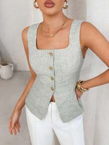 Blusa ajustada sin mangas de aspecto de lino color albaricoque, adecuada para el trayecto diario y el trabajo, atuendo de negocios de verano para mujeres, casual de negocios, para mujeres, verano, para mujeres de negocios, casual, para mujeres, t - verde menta - Ver 3