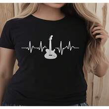 Women's Black Cotton Guitar Heartbeat Graphic T-Shirt Casual Short Sleeve Round Neck Regular Fit Tee Top - 黑色 - 查看 1