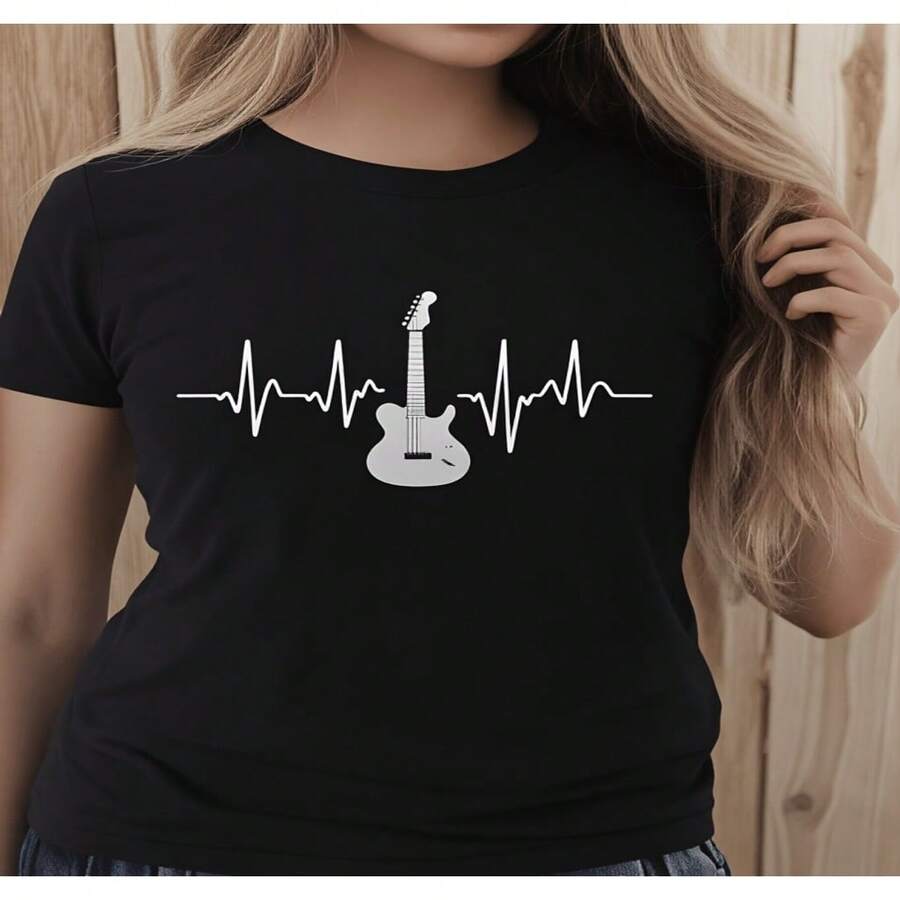 Women's Black Cotton Guitar Heartbeat Graphic T-Shirt Casual Short Sleeve Round Neck Regular Fit Tee Top - 黑色 - 查看 1