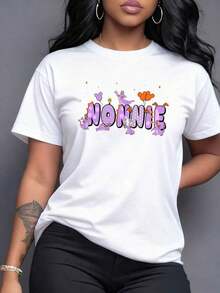 Colorful Fantasy Figures Dancing Among Pink Letters And Orange Balloons Create A Fun And Youthful Atmosphere On This Casual And Modern Women's T-Shirt For Everyday Wear, Casual Short Sleeve. - 白色 - 查看 7