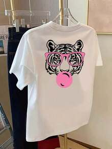 Cool Tiger | Stylish] Cool Tiger | Stylish Double-Sided Graphic T-Shirt | Front And Back Print T-Shirt, Casual Short-Sleeve Crew Neck Top For Women, Classic Comfortable Fit Design. - 白色 - 查看 4