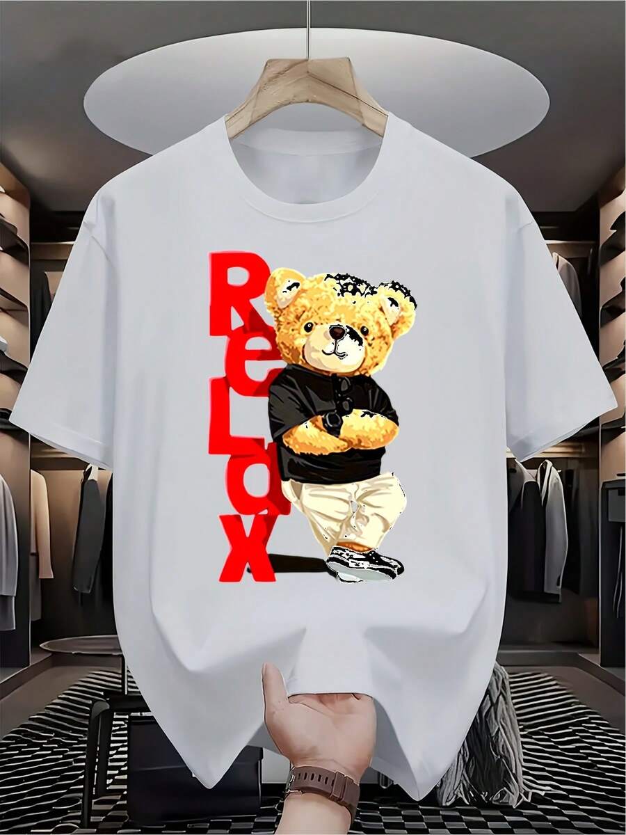 Camiseta Casual de Cuello Redondo para Hombre, 100% Algodón, Ligeramente Elástica, Corte Regular, 180G, Camiseta con Gráfico de Oso de Peluche Relajado, Tallas Grandes, Camisetas con Gráficos Divertidos, Idea de Regalo Perfecta para Cumpleaños, Fiestas o Uso Diario - Negro - Ver 1