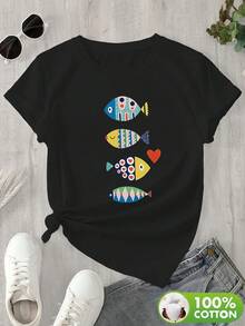 100% tela, suave y agradable al tacto, transpirable y absorbente de humedad, cómoda y no provoca sudoración.El cuerpo presenta un estampado de cuatro pequeños peces coloridos, que evoca la alegría y la diversión del océano.Diseño de cuello redondo y manga corta - Negro - Ver 3