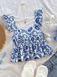 Blusa de corte de línea A con cuello cuadrado, manga corta y estampado retro azul y blanco, adecuada para fiestas, citas, el Día de San Valentín, el té de la tarde - Azul y blanco - Ver 7