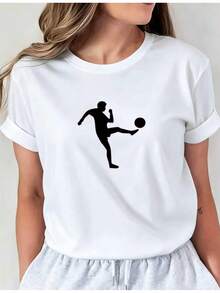 Women's Football-Themed Short-Sleeved Round-Neck T-Shirt, Casual Summer Shirt With Dynamic Player Print, Suitable For Matching With Other Styles, Casual Wear, Machine Washable, Casual Round-Neck Top, Comfortable Women's Clothing. - 白色 - 查看 7