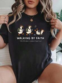 100% Cotton T-Shirt With Biblical Print "Christian Goose Walking By Faith, Constantly Stumbling", Women's Graphic T-Shirt, Casual Short Sleeve T-Shirt, Summer T-Shirt For Women - 黑色 3 - 查看 1