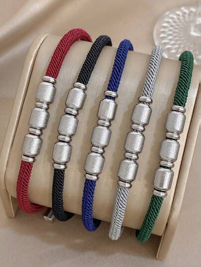 1 pieza Pulsera de acero inoxidable con cuentas y cordón ajustable, estilo casual y versátil para verano, joyería bohemia de playa, para vacaciones, regalo para mamá, para fiestas diarias, galas, bodas, San Valentín, aniversarios, festivales de música, Navidad, citas, Pascua