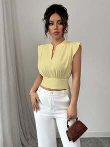 Nueva camiseta sin mangas ajustada para mujer con cuello alto de punto, media cremallera frontal y estilo informal - Amarillo claro - Ver 3