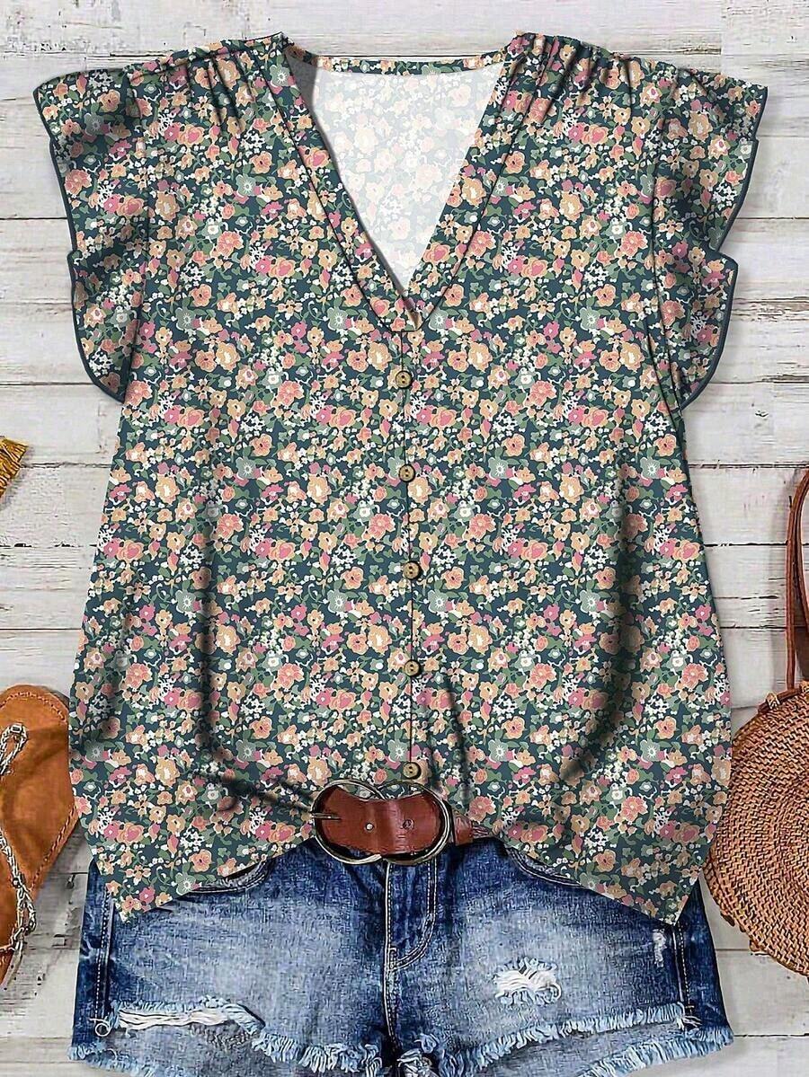Camisa de mujer casual y minimalista con estampado botánico, adecuada para el verano - Multicolor 9 - Ver 1