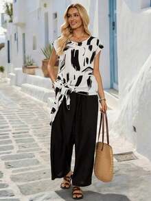 Conjunto de 2 piezas de blusa con lazo y pantalones rectos para mujer, informal - Multicolor 9 - Ver 4