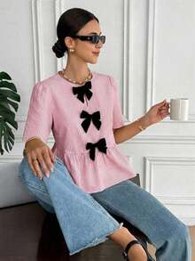 Blusa casual de mujer con rayas y lazo, Blusa de manga corta a rayas elegante para mujer, Decoración de lazo negro vintage, Diseño holgado y estilizante con volantes, Camisa color albaricoque, Verano para mujer, Blusa para salir, Playa para mujer, - Rosa - Ver 8