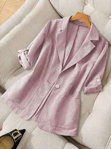 Chaqueta delgada de traje casual con bolsillo en la solapa y dobladillo de manga para mujer - Rosa - Ver 1