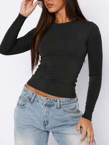 Camiseta De Verano Para Mujer unicolor De Cuello Redondo Y Manga Corta De Ajuste Delgado - Negro 2 - Ver 3