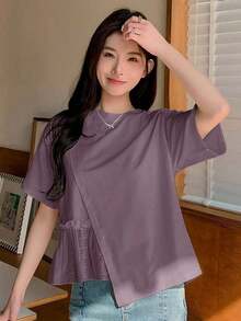 Camiseta casual de mujer para el verano con cuello redondo, manga corta, ajuste holgado y dobladillo con volantes y un solo unicolor - Morado - Ver 6
