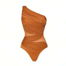 New Swimsuit Model: One-Shoulder Mesh Patchwork French Retro One-Piece Swimsuit Set For Women - One-shoulder One-piece Swimsuit - View 3