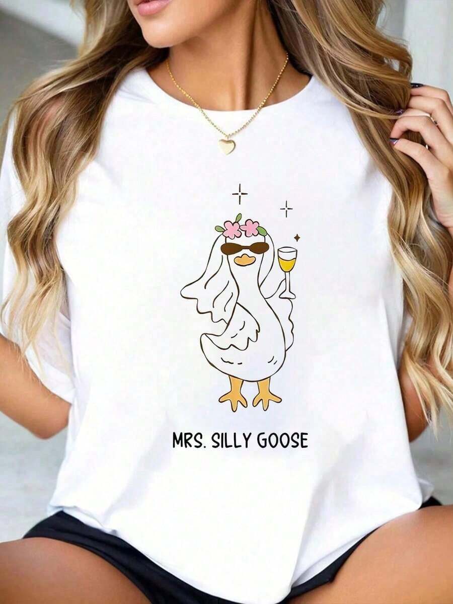 100% Cotton "Mrs Silly Goose Bride To Be" T-Shirt For Wedding Drinking, Women's Outfits. - White - View 1
