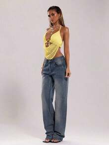 Top sin espalda con halter bordado de encaje y cuentas, apropiado para vacaciones en la playa - Amarillo - Ver 4